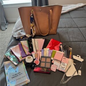 Tan Tote Bag with Make Up, Jewelry, Skin Care, Brushes and more!